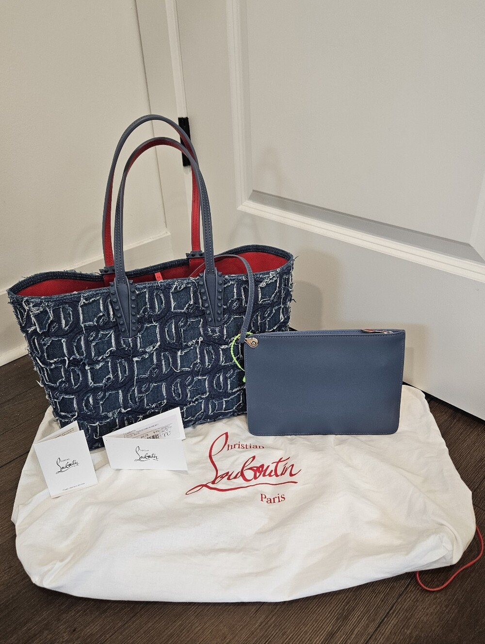 NWT Christian Louboutin Toile Denim Brode Tote With Detachable Pouch + Dustbag
